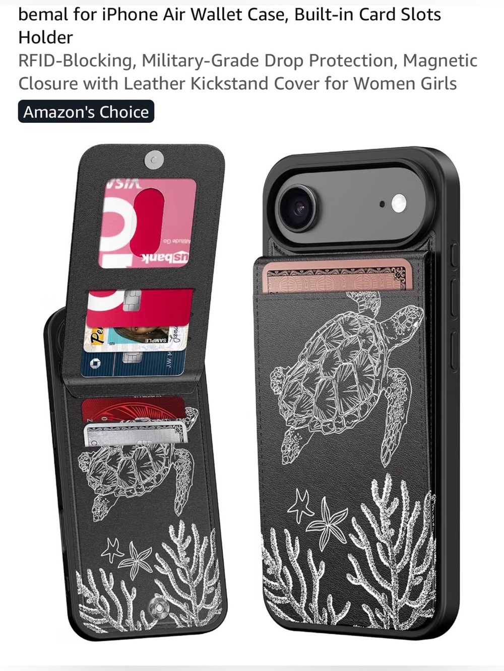 Black Wallet Phone Case with Sea Turtle Design for iPhone 17 AIR